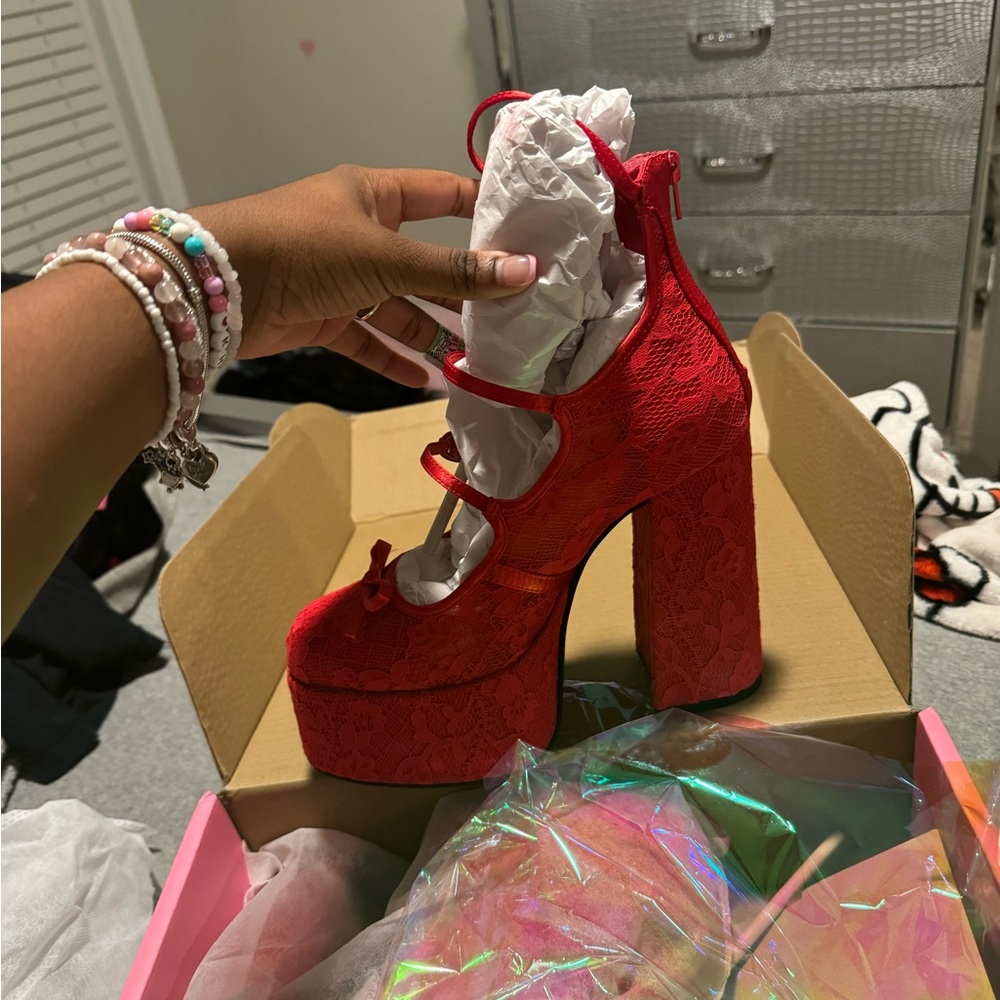 Sugar Thrillz Dolls Kill Red Lace Platform Heels
